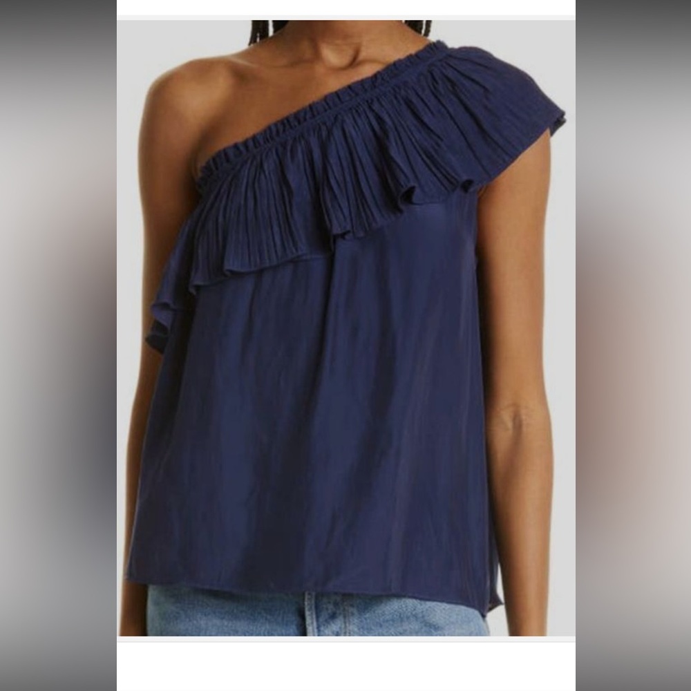 Ramy Brook Navy One-Shoulder Ruffle Top